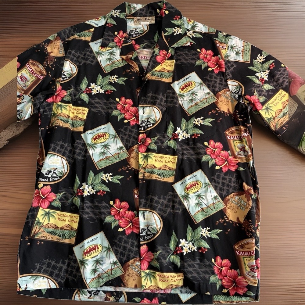 Vintage WINNIE FASHION Blue Hawaii Men's MAUI COFFEE Hawaiian Shirt Size Large